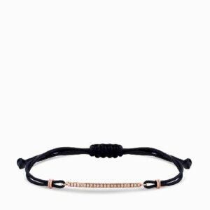 bracciale con laccio nero in oro rosa e bacchetta centrale di diamanti