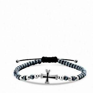 bracciale con croce in oro bianco smaltata nera e diamanti con ematite grigia 1