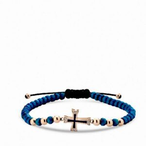bracciale con croce in oro rosa smaltata blu e diamanti con ematite blu 1