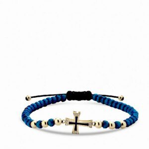 bracciale con croce in oro giallo smaltata blu e diamanti con ematite blu