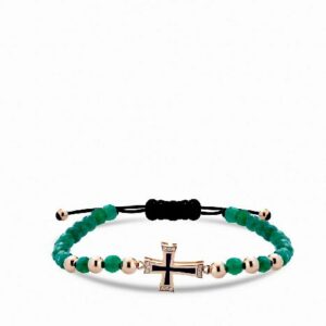 bracciale con croce in oro rosa smaltata verde e diamanti con ematite verde