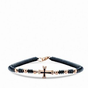 bracciale con croce in oro rosa smaltata nera e diamanti con ematite e chiusura