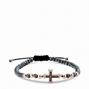 bracciale con croce in oro rosa smaltata nera e diamanti con ematite grigia 1