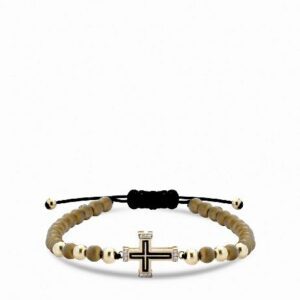 bracciale con croce in oro giallo smaltata nera e diamanti con ematite marrone