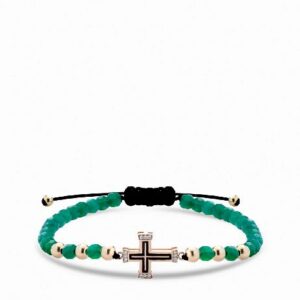 bracciale con croce in oro giallo smaltata nera e diamanti con ematite verde 1