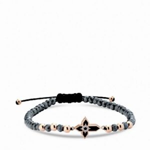 bracciale con croce in oro rosa smaltata nera e diamanti con ematite grigia