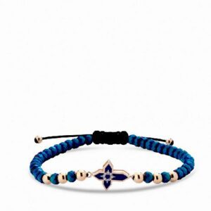 bracciale con croce in oro rosa smaltata blu e diamanti con ematite blu