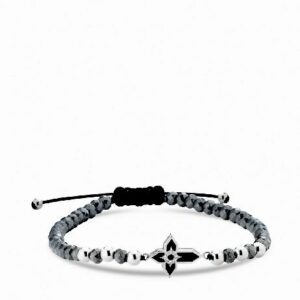 bracciale con croce in oro bianco smaltata nera e diamanti con ematite grigia