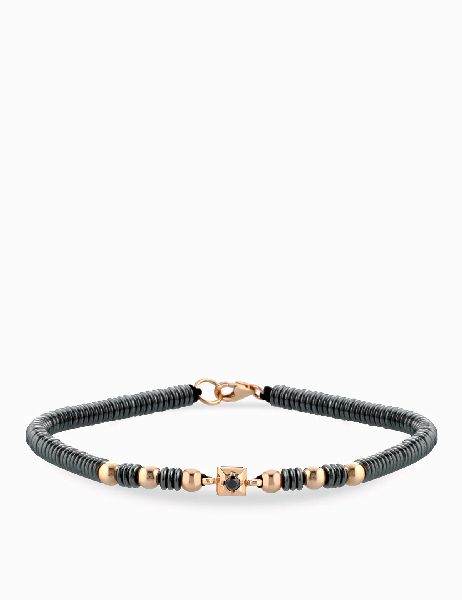 bracciale laccio con ematite girgia in oro rosa e punto luce con diamante nero