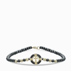 bracciale croce in oro giallo con ematite e diamanti neri