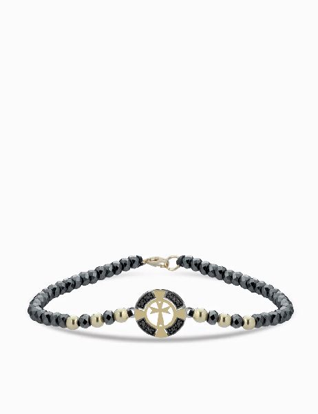 bracciale croce in oro giallo con ematite e diamanti neri