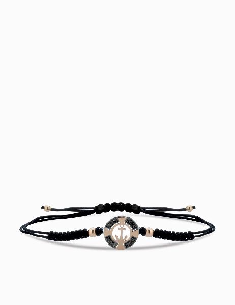 bracciale laccio nero con ancora in oro rosa e diamanti neri
