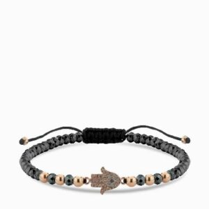 bracciale con mano di fatima in oro rosa ematite e diamanti neri e brown