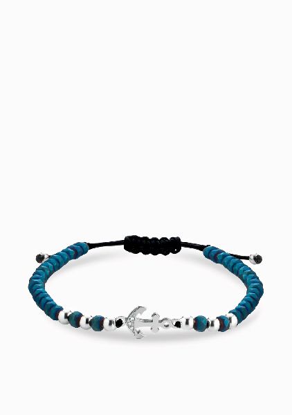 bracciale ematite blu con ancora e sfere in oro bianco e diamanti