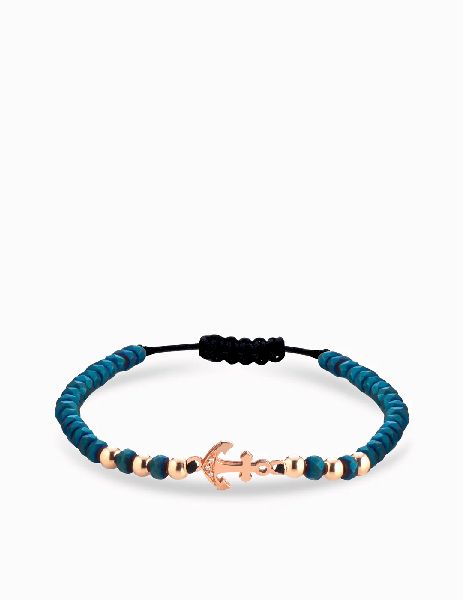bracciale ematite blu con ancora e sfere in oro rosa e diamanti