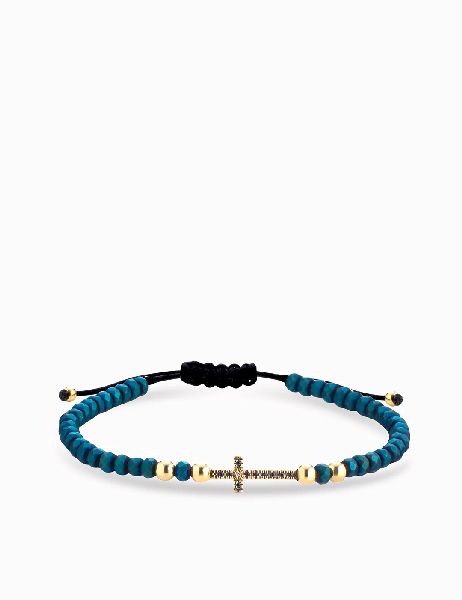 bracciale ematite blu con sfere in oro giallo croce centrale con diamanti e zaffiri