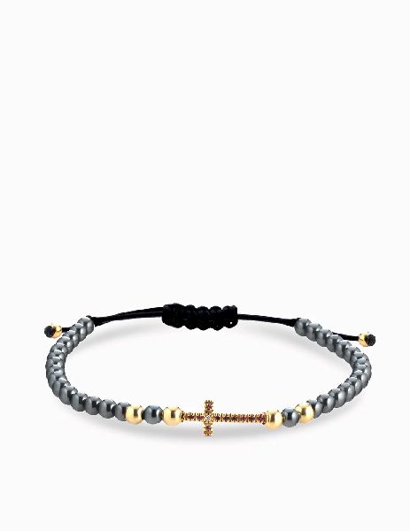 bracciale ematite con sfere in oro giallo croce centrale con diamanti e rubini