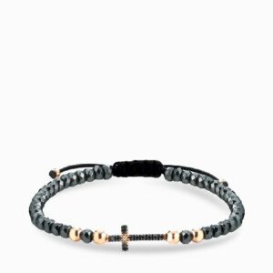 bracciale ematite con sfere in oro rosa croce centrale con diamanti bianchi e neri