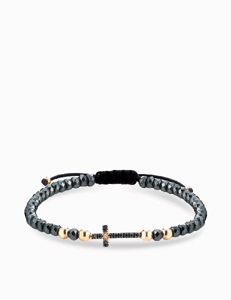 bracciale ematite con sfere in oro rosa croce centrale con diamanti bianchi e neri