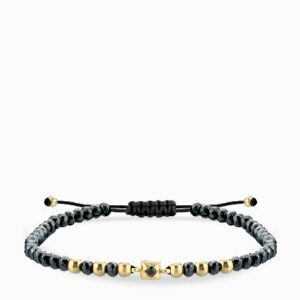 bracciale laccio con ematite grigia in oro giallo e punto luce centrale di diamante nero