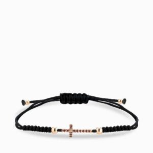 bracciale con laccio sfere in oro rosa croce centrale con diamanti e rubini