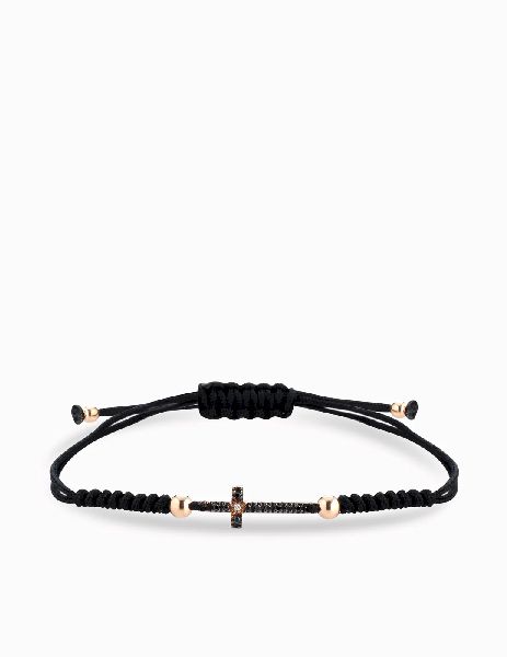 bracciale laccio con sfere in oro rosa croce centrale con diamanti bianchi e neri