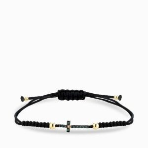bracciale con laccio sfere in oro e croce centrale con diamanti e smeraldi