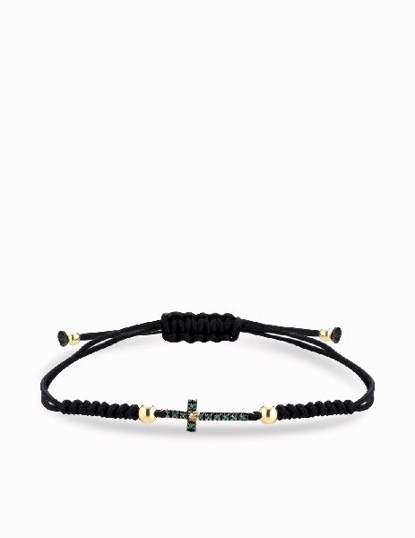 bracciale con laccio sfere in oro e croce centrale con diamanti e smeraldi