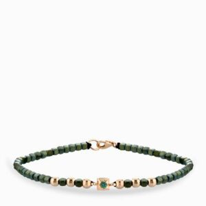bracciale laccio con ematite verde in oro rosa e punto luce di smeraldo