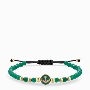bracciale laccio con ematite verde in oro giallo e con monetina centrale e ancora di diamanti