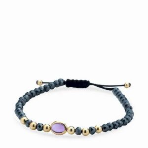 bracciale con sfere in ematite e oro giallo con pietra centrale rosa