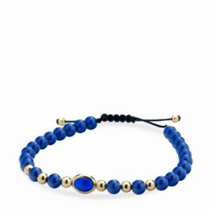 bracciale con sfere in ceramica blu e oro giallo e pietra centrale blu