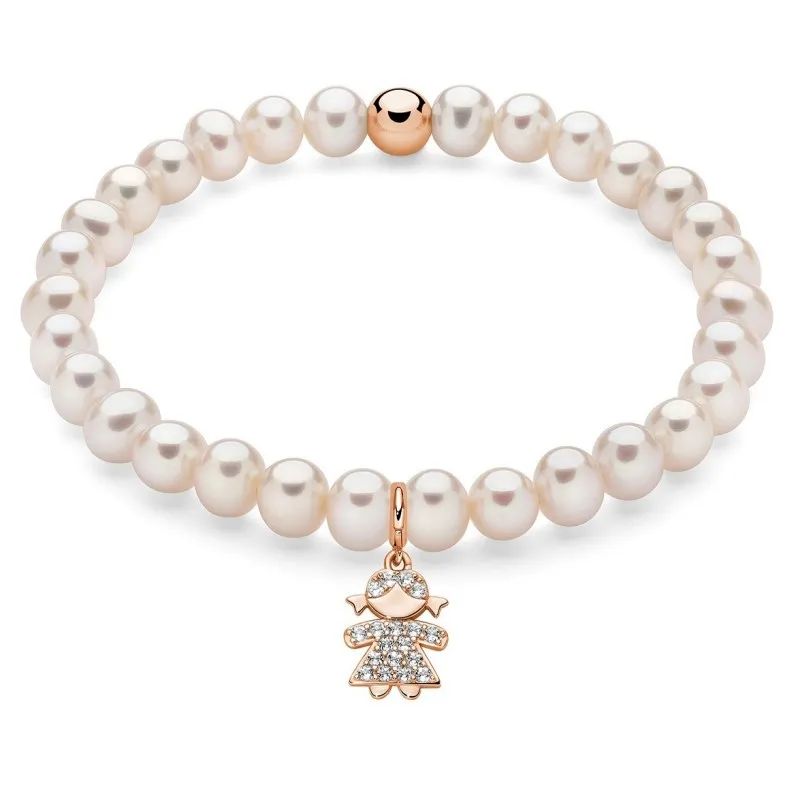 Bracciale di perle con ciondolo bambino in argento placcato oro