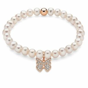 Bracciale di perle con ciondolo farfalla placcato oro rosa