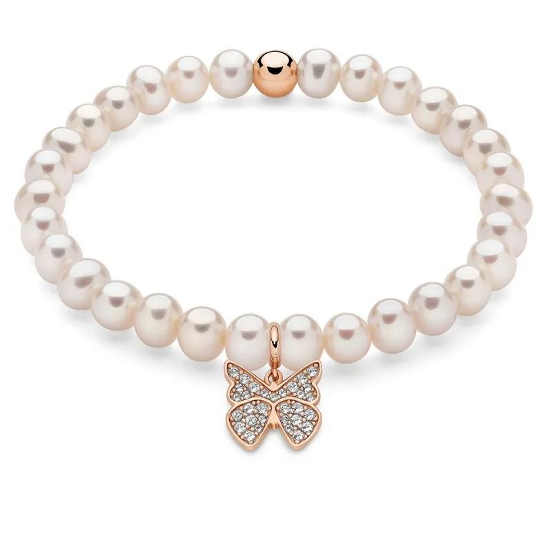 Bracciale di perle con ciondolo farfalla placcato oro rosa