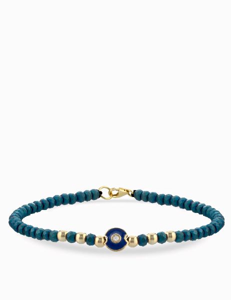 bracciale laccio in oro giallo con ematite blu e centrale monetina con diamante
