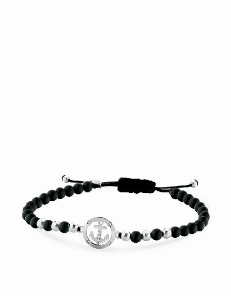 bracciale in cordino con sfere in onice e oro bianco ancora e diamanti