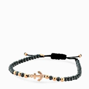bracciale in cordino con ematite briole sfere e ancora in oro rosa e diamanti