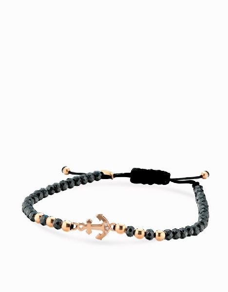 bracciale in cordino con ematite briole sfere e ancora in oro rosa e diamanti