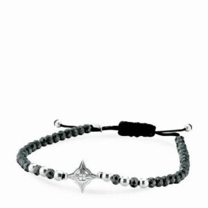 bracciale in cordino con ematite briole sfere rosa dei venti in oro bianco e diamanti