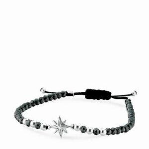 bracciale in cordino ematite briole sfere e rosa dei venti in oro bianco e diamante