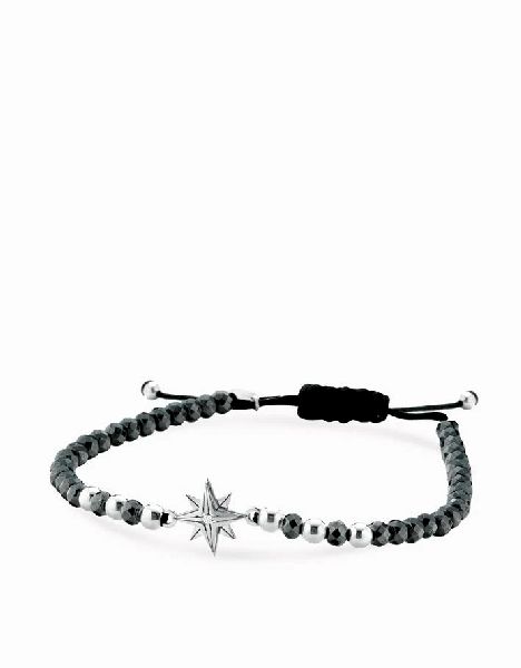 bracciale in cordino ematite briole sfere e rosa dei venti in oro bianco e diamante