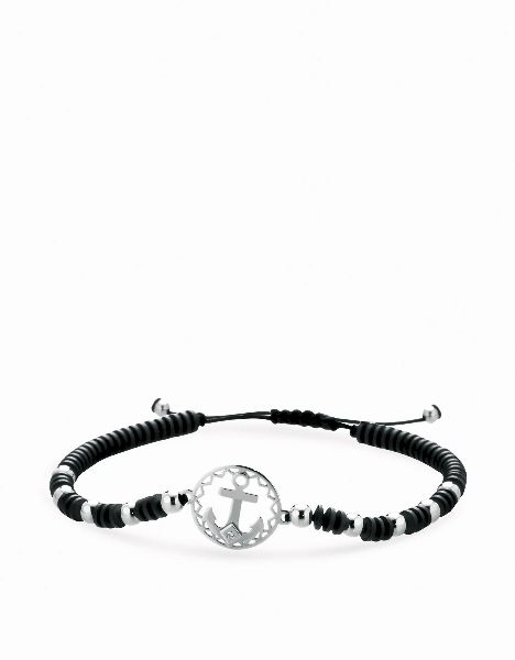 bracciale in cordino con ematite ancora con diamante e sfere in oro bianco