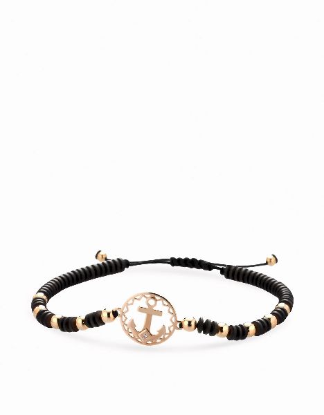 bracciale in cordino con ematite ancora con diamante e sfere in oro rosa