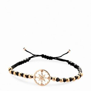 bracciale in cordino sfere in ematite briole e oro e rosa dei venti in oro rosa e diamante