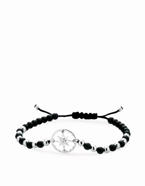 bracciale in cordino sfere in onice e oro bianco rosa dei venti e diamante