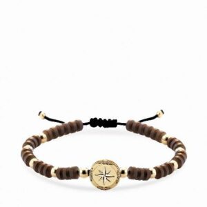 bracciale in cordino sfere in ematite e sfera centrale con rosa dei venti in oro giallo e diamanti