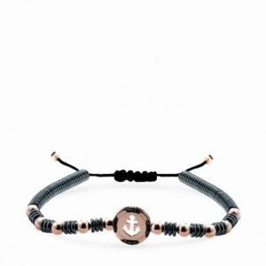 bracciale con chiusura in cordino sfere in ematite e sfera centrale ancora in oro rosa e diamanti neri