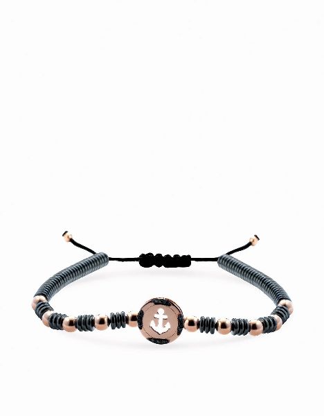 bracciale con chiusura in cordino sfere in ematite e sfera centrale ancora in oro rosa e diamanti neri