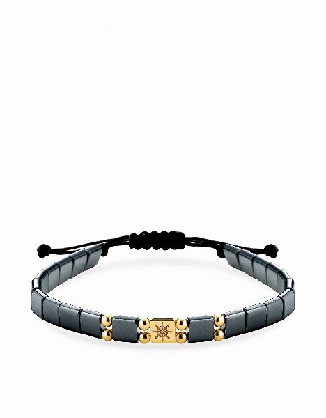 bracciale in cordino con ematite quadrata e inserto con timone in oro giallo